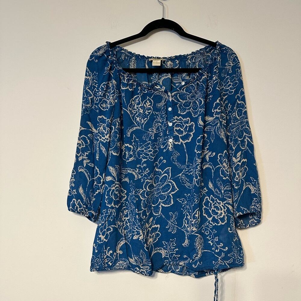 Lucky Brand‎ women’s Blue Beige Floral print long sleeve peasant top